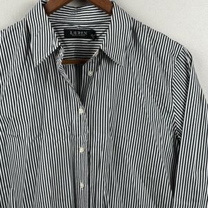 Lauren Ralph Lauren Button Down Shirt Women Medium Gray White Striped Oxford